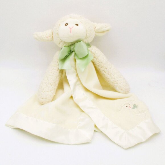 Bearington Baby Lamb Lovey With Green Bow & Satin Trim Security Blanket Plush To - Picture 1 of 5